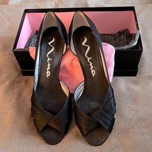 Nina Black Satin Peep Toe Heels